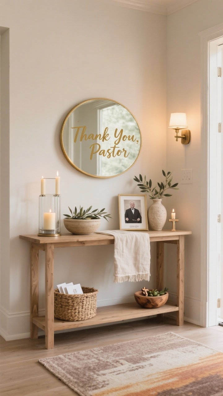 Photorealistic medium foyer vignette, straight-on view: a soft neutral palette in oat, cream, and warm taupe with a subtle sunrise-toned rug; light oak console table beneath a round brass-trimmed mirror reflecting gentle, dimmable glow; glass hurricane filled with pillar candles, ceramic bowl of olive branches, framed milestone photo of the pastor; hand-lettered “Thank You, Pastor” print in muted gold foil as statement piece; woven basket for cards, linen runner, stoneware vase, small bowl of olive wood keepsakes/pocket crosses; lighting is warm and glowy from battery taper candles and a wall sconce, no people.
