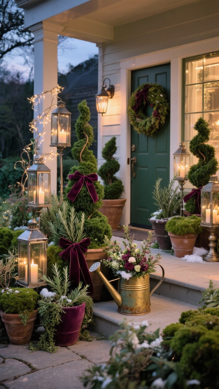 Photorealistic medium porch garden tableau at twilight: clusters of potted evergreens, rosemary trees, and ivy topiaries tied with thin velvet ribbons in deep green and merlot; metal and glass lanterns at varied heights with flickering candles; fairy strands woven through select pots; a mossy wreath on the door; a vintage watering can filled with winter florals; palette layered greens, merlot, brass; lush, botanical glow.