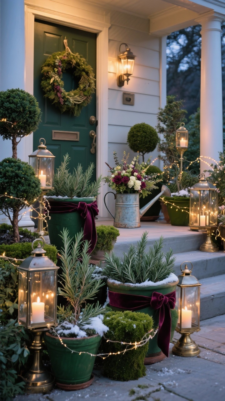 Photorealistic medium porch garden tableau at twilight: clusters of potted evergreens, rosemary trees, and ivy topiaries tied with thin velvet ribbons in deep green and merlot; metal and glass lanterns at varied heights with flickering candles; fairy strands woven through select pots; a mossy wreath on the door; a vintage watering can filled with winter florals; palette layered greens, merlot, brass; lush, botanical glow.