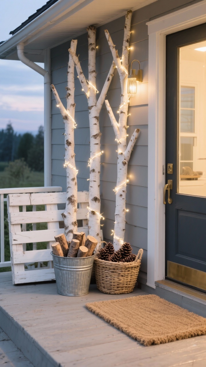 Photorealistic medium porch scene at dusk: three reclaimed pallet-wood trees cut as simple triangle-and-trunk silhouettes, sanded and whitewashed, leaning against a soft gray porch wall; warm white fairy lights woven across the pallet trees; a chunky natural jute doormat centered; a galvanized bucket filled with birch logs; a woven basket brimming with pinecones; palette of white, natural wood, soft gray, and warm gold light; cozy Scandinavian/Nordic vibe; straight-on angle.