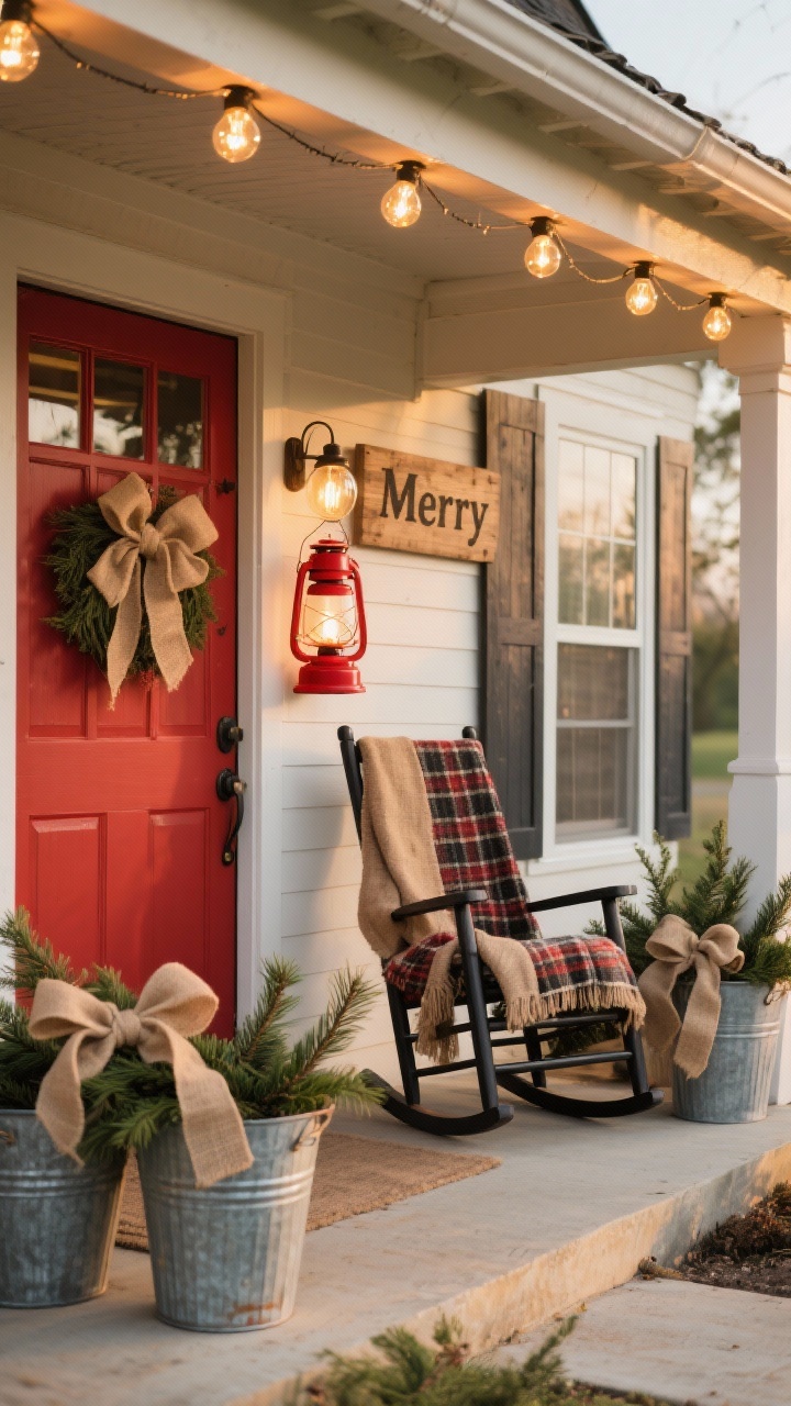 Photorealistic medium porch vignette from an angle: farmhouse scene with burlap bows adorning cedar clippings in galvanized buckets; a vintage red lantern hanging by the door; warm Edison-style globe lights strung along the eaves; a rustic wooden “Merry” sign; a rocking chair draped with a plaid blanket; barn-red door as the focal color; palette barn red, burlap tan, evergreen, black accents; cozy country warmth at golden hour.
