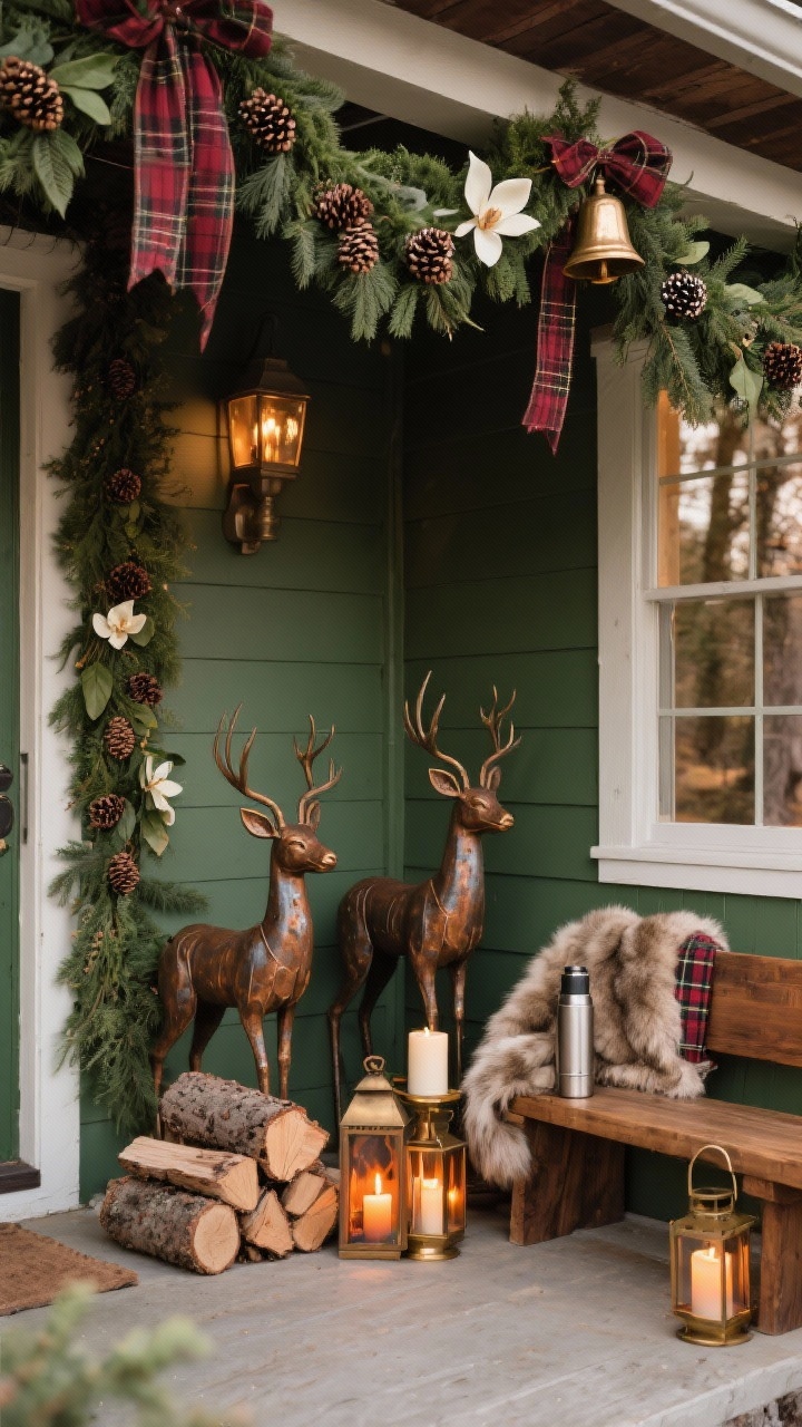 Photorealistic medium porch vignette, three-quarter angle, Woodland Lodge Glow-Up: thick seeded garland with pinecones, magnolia leaves, and cedar draped over the porch, plaid ribbon and bronze bells tucked throughout. Foreground anchored by a trio of rustic hammered-metal deer figures, split firewood bundles, and lanterns at varied heights with amber-toned flameless candles. Color palette: forest green, oxblood, cognac, antique brass. Add a wooden bench with a faux fur throw and a plaid thermos for cozy texture.
