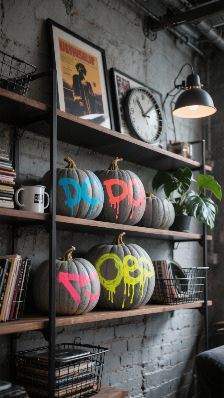 Photorealistic medium shelfie shot at a slight upward angle in an industrial loft. Black metal-and-wood shelving holds pumpkins base-coated in concrete gray, tagged with bright paint pens—electric blue, neon coral, highlighter yellow—featuring drips, arrows, layered bubble letters. Surround with wire baskets, stacked records, an enamel mug, a rubber plant, a chunky industrial clock; framed band posters and a bare brick or faux-concrete wall backdrop. Mix of matte and glossy finishes on pumpkins to mimic street art layers; cool urban mood with directional task lamp lighting and ambient shadows; palette of concrete, black, neon accents.