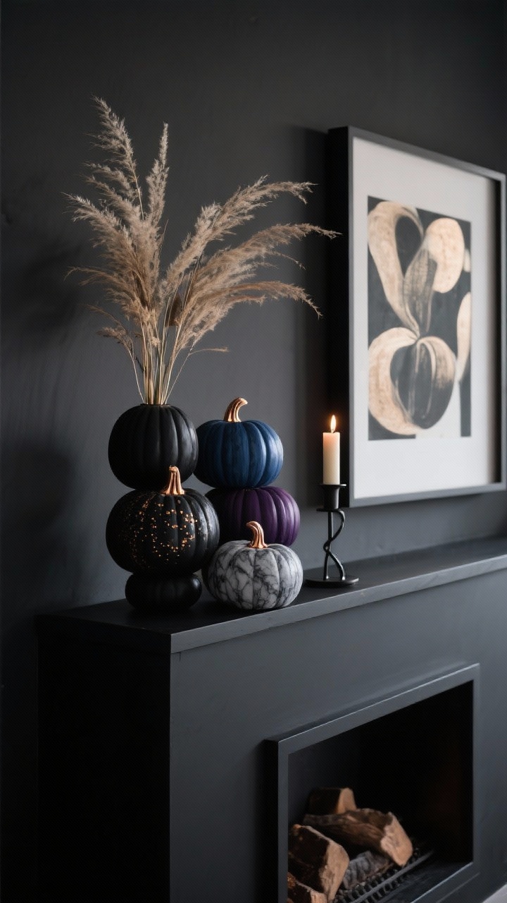 Photorealistic medium shot at a slight angle of a moody modern mantel: slim black mantel against charcoal walls, a low angular vase of dried grasses for height. Cluster of five mini pumpkins painted in deep tones—ink black, midnight blue, aubergine, plus two marbled with smoky gray veins—tiny metallic bronze specks on the stems. A single taper candle in a brushed black metal holder lit for subtle glow. On one side, a tall frame with abstract art; the pumpkin cluster anchors the other. Sleek, sultry ambiance with low, dramatic lighting.