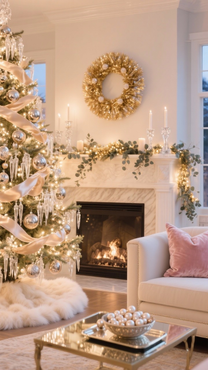 Photorealistic medium shot focusing on a glamorous mantel and tree base in champagne, ivory, soft blush, and metallic gold; tree dressed with glass icicles, mercury glass ornaments, and cascading satin ribbon, warm plentiful lights; cream faux fur tree skirt like a cloud; mantel layered with delicate garland and golden eucalyptus, crystal candleholders sparkling; blush velvet pillows on a light sofa edge; mirrored coffee table tray with a bowl of pearl ornaments; champagne tinsel wreath above the mantel; soft, shimmering evening glow.