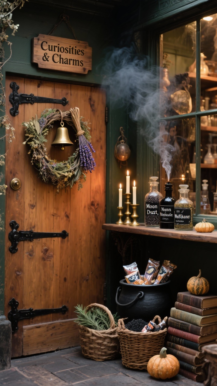 Photorealistic medium shot from a slight side angle of a warm wood–stained door with black iron hardware; a foraged wreath of dried herbs, lavender bundles, and an old brass bell hangs on the door; above it, a small wooden sign reads “Curiosities & Charms” in vintage lettering; along one side, a merchant’s display: a narrow console table with apothecary bottles labeled “Moon Dust,” “Nightshade,” and “Wolfsbane” (glitter, black sand, rosemary), woven baskets of gourds, a stack of antique books, and a black cauldron filled with wrapped treats; LED taper candles in mixed brass holders create a flickering shopfront glow; subtle smoky incense atmosphere; palette: warm wood, inky black, deep green, tarnished brass; richly layered old-world mood.