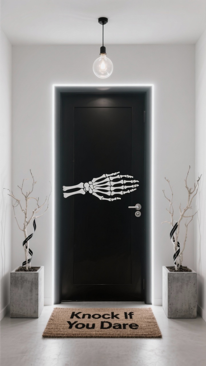 Photorealistic medium shot, minimalist modern doorway, straight-on: matte black door with a large-scale white skeletal hand door knocker or 3D decal stretching across the panel; ultra-slim cool-white LED light strips outlining the doorframe for a clean linear glow; floor kept simple with a rectangular coir mat reading “Knock If You Dare” in minimalist typography; two tall square concrete planters holding bleached branches with monochrome ribbons; single suspended frosted-glass bulb dimmed low overhead; crisp, high-contrast lighting; color palette black, white, concrete gray; strong linear shapes and oversized bone silhouette focus; no clutter, no people.
