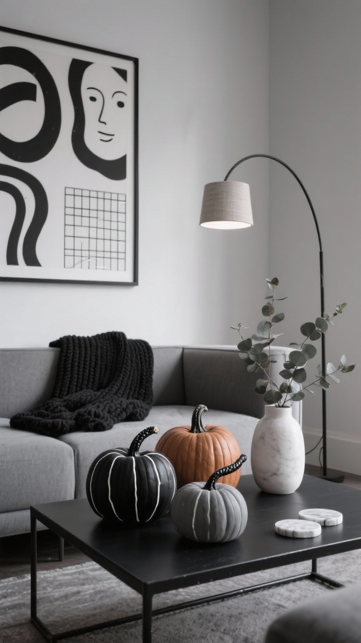 Photorealistic medium shot, Modern Monochrome Gallery Living Room: a sleek living room corner with a low-profile gray sectional, black metal coffee table, and a large abstract black-and-white print on the wall. Cluster three painted pumpkins on the coffee table in charcoal, matte black, and warm gray, each with thin white paint-pen line art—minimal faces, squiggles, and a geometric grid. Accessories include a chunky black knit throw draped on the sectional, a white ceramic vase with eucalyptus on the table, and a small stack of marble coasters. Lighting from a slim arc floor lamp with a linen shade casts soft, moody illumination. One small pumpkin’s stem is wrapped in black leather cord. Clean, graphic, curated gallery mood; no people.