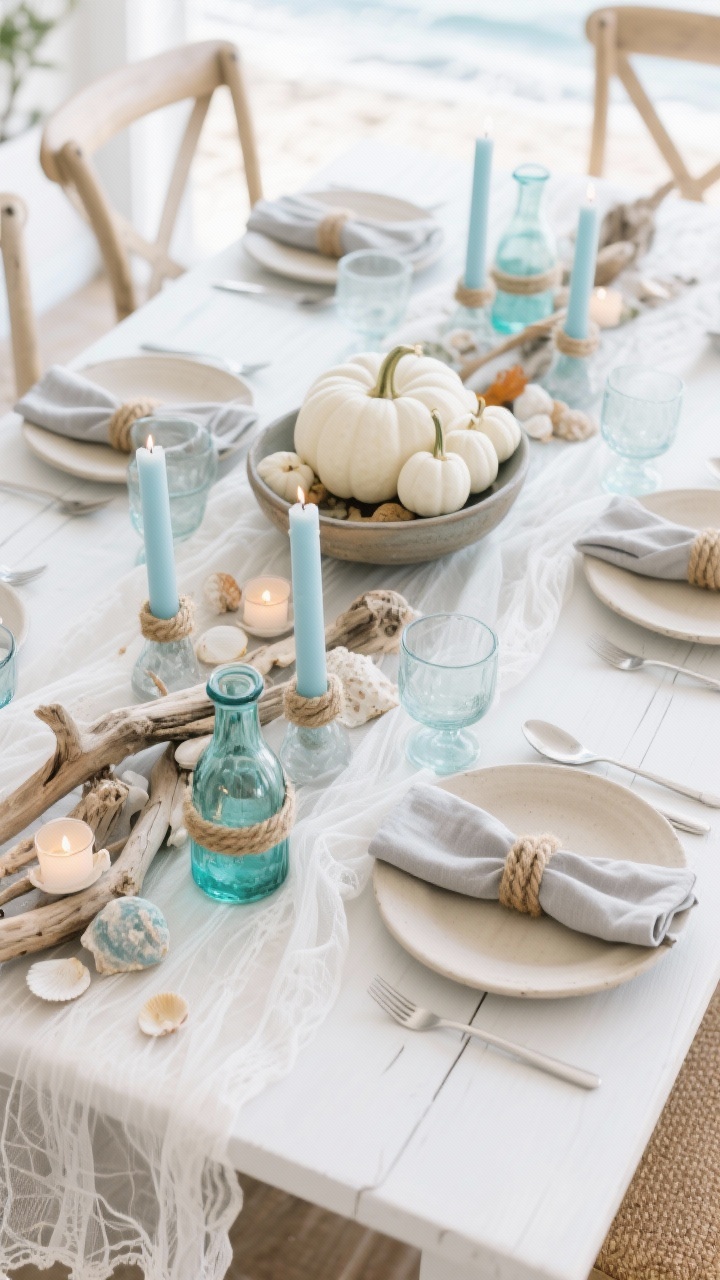 Photorealistic medium shot of a coastal Thanksgiving tablescape: white gauze runner, sand-colored plates, sea glass bud vases in aqua and smoke, rope-wrapped napkin rings; driftwood centerpiece dotted with tea lights and scattered shells, pale blue tapers, misty gray linen napkins; a bowl of tiny white pumpkins anchoring the fall theme; palette white, sand, seafoam, pale blue; materials gauze, glass, rope, wood; bright natural daylight with soft seaside vibe, shot from a gentle overhead/three-quarter angle.