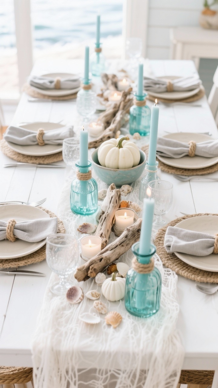 Photorealistic medium shot of a coastal Thanksgiving tablescape: white gauze runner, sand-colored plates, sea glass bud vases in aqua and smoke, rope-wrapped napkin rings; driftwood centerpiece dotted with tea lights and scattered shells, pale blue tapers, misty gray linen napkins; a bowl of tiny white pumpkins anchoring the fall theme; palette white, sand, seafoam, pale blue; materials gauze, glass, rope, wood; bright natural daylight with soft seaside vibe, shot from a gentle overhead/three-quarter angle.