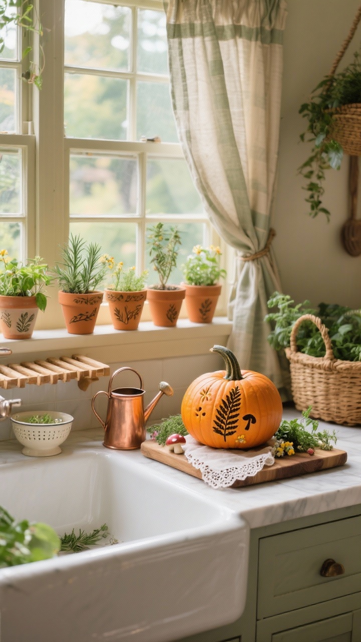 Photorealistic medium shot of a Cottagecore Kitchen Window Garden: sink area styled like a mini conservatory with a linen café curtain, wooden drying rack, and a row of herb pots (rosemary, thyme, others) on the sill. Petite pumpkins carved with botanical motifs—fern fronds, tiny mushrooms, dotted wildflowers—nestled among greenery. A larger pumpkin on a chopping board with a lace tea towel tucked underneath, sprigs of herbs around it. Copper watering can, ceramic colander, woven market basket nearby. Soft morning light, colors of sage, cream, terracotta, honey; gentle, cozy atmosphere, straight-on at window height.
