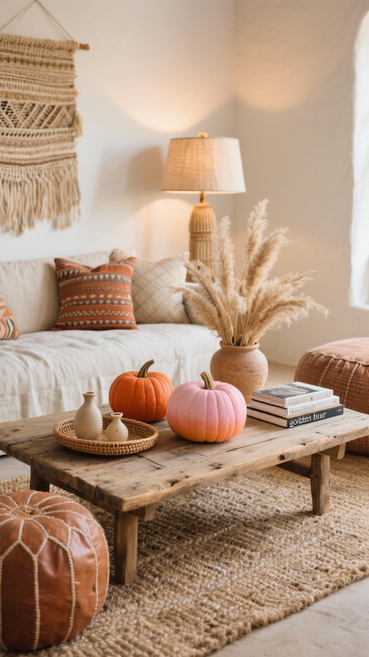 Photorealistic medium shot of a desert boho lounge coffee table vignette, low angle. On a reclaimed-wood low table over a chunky jute rug, display ombre-painted pumpkins in terracotta, blush, and soft peach fading to warm sand, with dry-brushed gradients. Style with a rattan tray, ceramic bud vases, a stack of design books, and a large pot of dried pampas grass. Background: linen slipcovered low, deep sofa with scattered mudcloth pillows, neutral woven wall hanging, leather poufs. Warm white “golden hour” lamp lighting with a linen-shade floor lamp; palette of terracotta, blush, sand, cream; textures of jute, linen, ceramic.