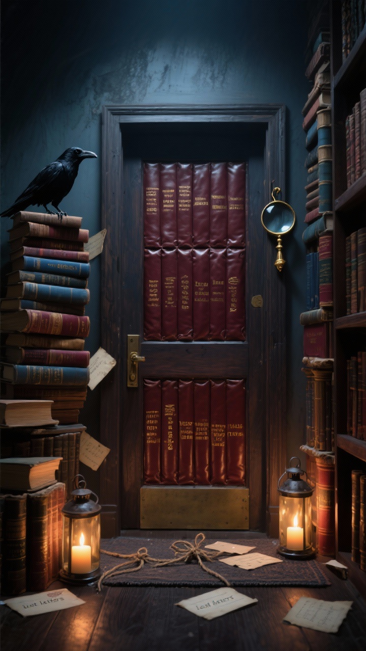 Photorealistic medium shot of a haunted library doorway, straight-on; door panels covered with faux leather book spines (cardstock wrapped in vinyl) labeled with gilded titles; the frame is bordered by stacked vintage books glued into faux columns; scattered “lost letters” tied with string rest on the mat; flickering candle lanterns with LED pillars provide warm, uneven light; color palette of burgundy, inky blue, and aged parchment tones; a black raven perched atop a book stack, and a brass magnifying glass hangs on a small hook; moody, scholarly ambiance.