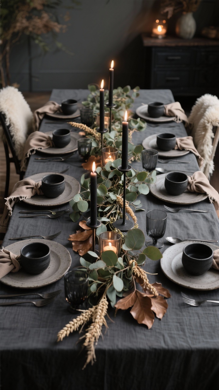 Photorealistic medium shot of a modern rustic Thanksgiving table set with a charcoal linen tablecloth, matte black flatware, and greige stoneware plates; a low eucalyptus garland mixed with dried wheat and bronze-tinted leaves runs down the center; slim iron holders with black taper candles and smoky glass votives create a mellow glow; taupe napkins tied with torn silk ribbons at each setting; faux sheepskin throws draped over chair backs; palette of charcoal, greige, bronze, eucalyptus green; evening ambient light with candles as primary illumination, straight-on angle emphasizing earthy yet polished textures of linen, matte ceramics, iron, and dried botanicals.