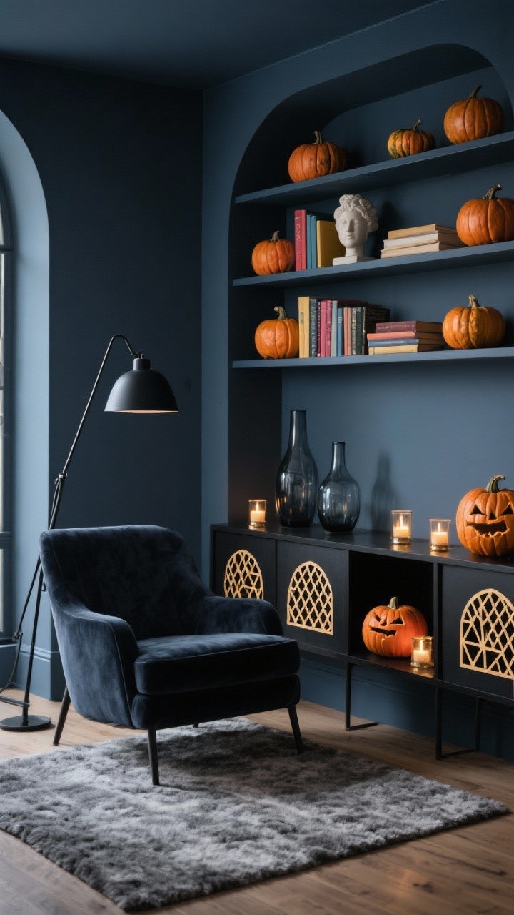 Photorealistic medium shot of a Moody Modern Library Nook: inky blue/charcoal walls, a low-slung midnight velvet lounge chair, black metal floor lamp, and a matte-black console lined with carved pumpkins featuring geometric cutouts—triangles, grids, arches. Additional pumpkins tucked between color-blocked books and a sculptural bust on shelves. Smoky glass vases, a graphite wool rug, burnished gold accents. Thin, precise carvings lit by battery tea lights for a crisp modern glow; high-contrast ambience; angled corner view.