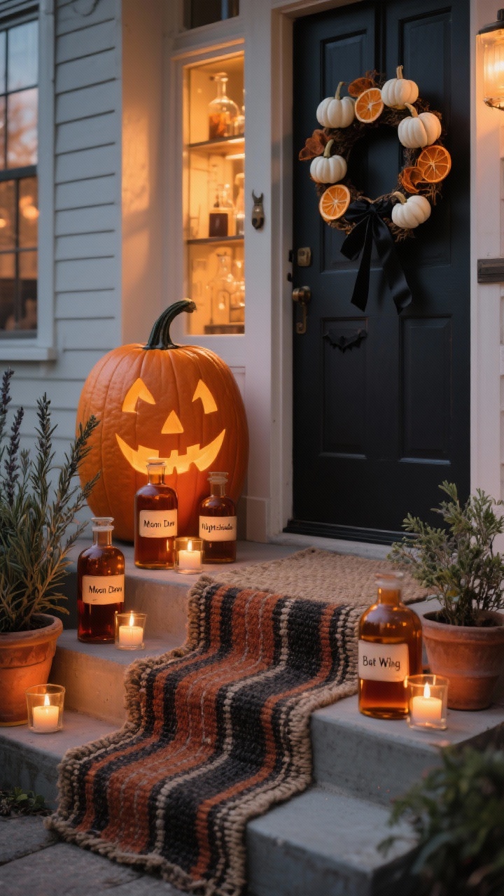 Photorealistic medium shot of a pumpkin apothecary stoop, slight angle; matte midnight door with a wreath of mini white pumpkins, dried orange slices, and black ribbon tails; steps lined with amber apothecary bottles labeled “Moon Dew,” “Nightshade,” and “Bat Wing,” filled with tea-brown liquid; battery tea lights glow inside glass for a warm herbal-lab ambiance; layered woven mat with a striped runner in rust and coal; potted sage, rosemary, and thyme flanking the entry; soft amber evening light, cozy and alchemical mood.