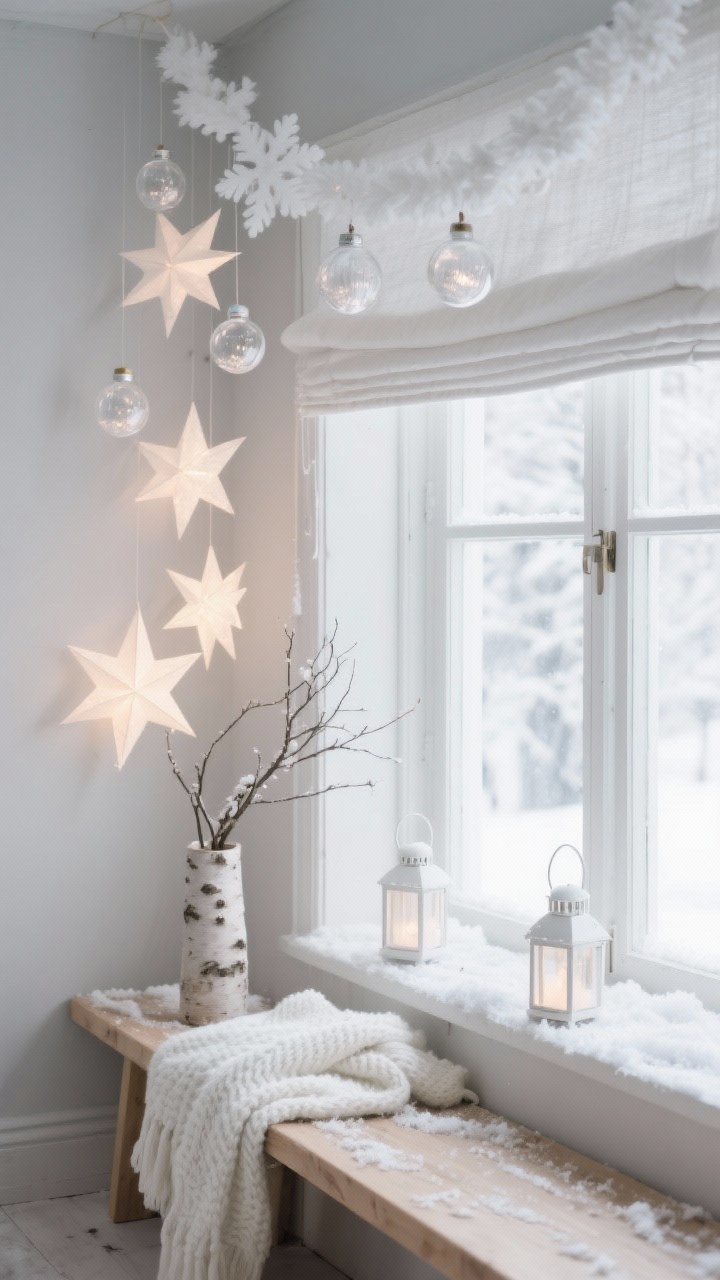 Photorealistic medium shot of a Scandinavian “Nordic Snowfall Nook” window: crisp white and soft gray palette with natural pale wood. A linen Roman shade, white felt snowflake garlands draped across the top, clear glass baubles hanging at staggered heights, and a cluster of warm-white lit paper star lanterns in one corner. Pale wood bench beneath with a white knit throw, a birch vase holding bare branches, and a thin dusting of faux snow on the sill. Soft morning natural light, minimal and calm mood.