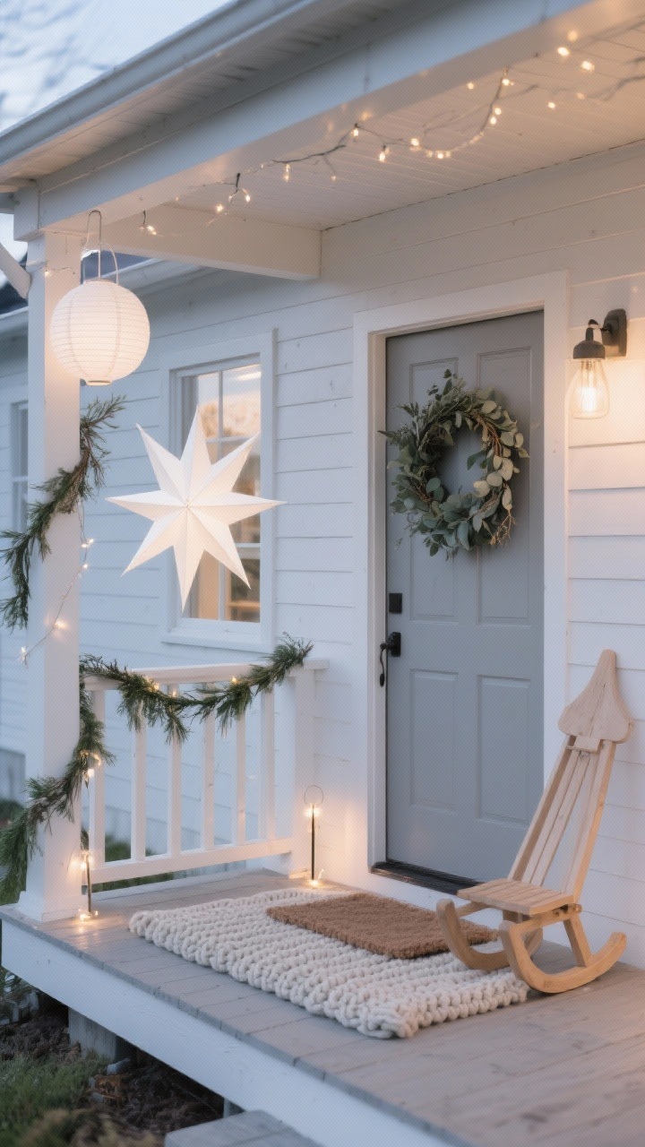 Photorealistic medium shot of a Scandinavian-style porch in soft twilight: white and soft gray facade with natural pale wood accents; bare cedar garlands wrapped simply along the porch rails; oversized white paper star lanterns glowing in the windows; a chunky knit doormat, a pale wood sled leaned by the door; a large understated eucalyptus wreath on a muted gray door; minimalist stake lights and delicate warm fairy lights; palette white, soft gray, pale wood, eucalyptus green; calm, clean lines.