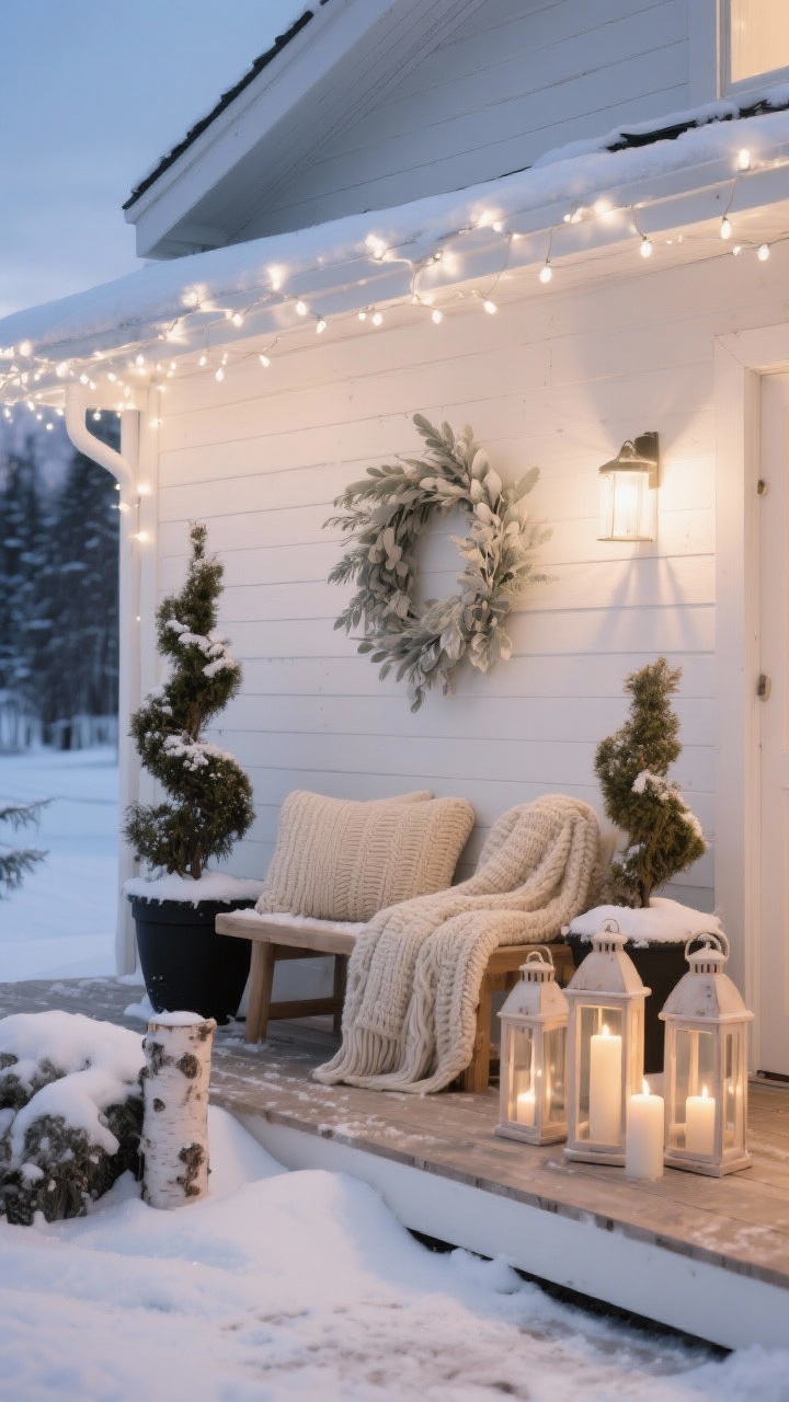 Photorealistic medium shot of a serene winter lodge-style front porch at dusk: soft white and natural wood palette, warm-white micro LED string lights draped cleanly along the roofline, two cedar topiaries in matte black planters lightly dusted with faux snow, a bench with a chunky knit porch throw in oatmeal, a trio of pale birchwood lanterns with LED pillar candles glowing, and a simple oatmeal-colored wreath with frosted eucalyptus; calm, polished Nordic mood.