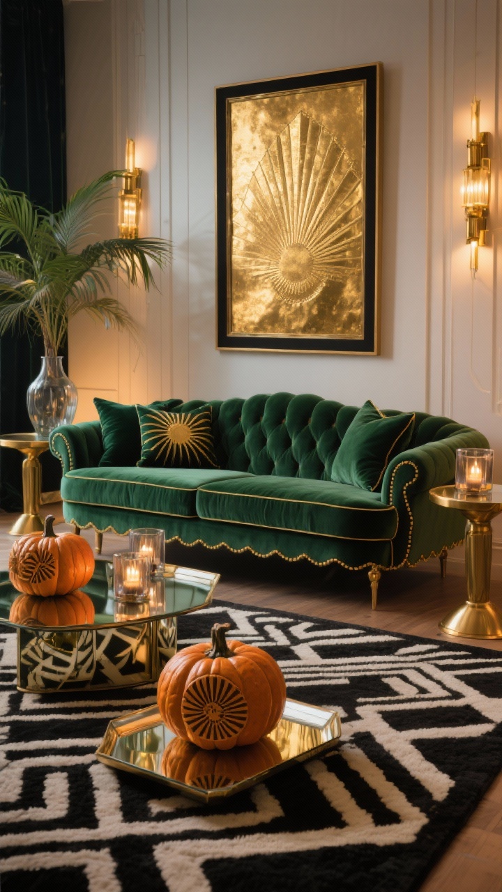 Photorealistic medium shot of an Art Deco Living Room Glow-Up: scalloped emerald velvet sofa with velvet pillows and piping, rounded brass side tables, geometric rug in black/ivory. Carved pumpkins with Deco fan patterns, sunbursts, and angular borders displayed on mirrored trays to double the glow; some surface-etched for layered dimension. Smoked-glass votives, a palm frond in a glass vase, framed gold-foil print above the sofa. Evening ambient lighting with warm highlights on antique gold accents; symmetrical, straight-on composition.