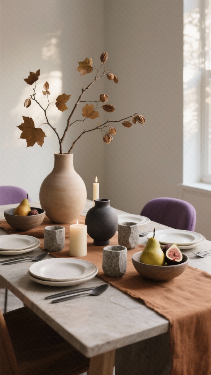 Photorealistic medium shot of an earthy modern table: warm clay-colored runner with matte off-white plates, graphite flatware, and stone tumblers; sculptural ceramic vases holding asymmetrically arranged branches (maple, beech, or dried pods); low ceramic bowls filled with pears and figs; short, wide candles maintaining open sightlines; palette clay, cream, charcoal, fig purple; organic rounded shapes and clean lines; diffused afternoon light from the side, showcasing ceramic textures.