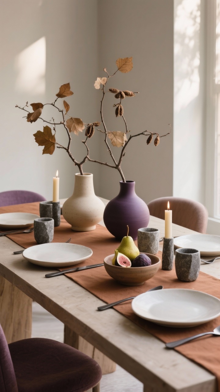 Photorealistic medium shot of an earthy modern table: warm clay-colored runner with matte off-white plates, graphite flatware, and stone tumblers; sculptural ceramic vases holding asymmetrically arranged branches (maple, beech, or dried pods); low ceramic bowls filled with pears and figs; short, wide candles maintaining open sightlines; palette clay, cream, charcoal, fig purple; organic rounded shapes and clean lines; diffused afternoon light from the side, showcasing ceramic textures.