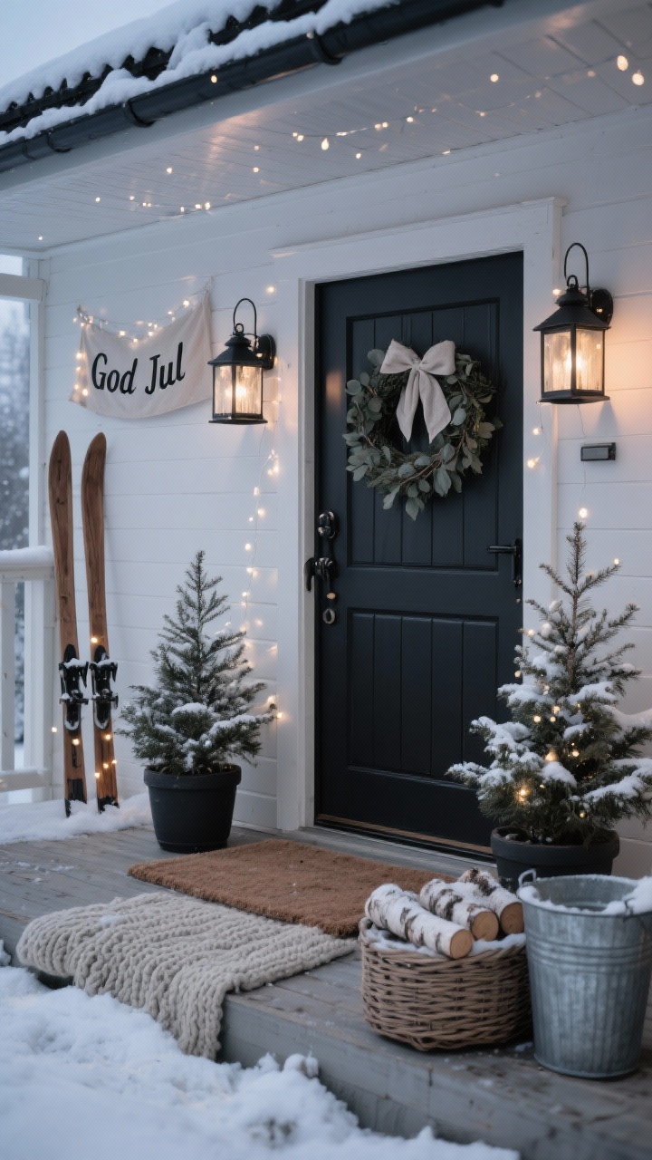 Photorealistic medium shot, straight-on view of a Nordic Snowfall Porch at dusk: matte black lanterns glowing with warm white micro fairy lights like drifting snow, two potted alpine firs dusted with soft faux snow, palette of charcoal, white, and natural wood. Include a chunky knit doormat, birch logs in a wicker basket, simple eucalyptus wreath with a linen bow on a door with black iron hardware. Add wooden skis leaned against the wall, a galvanized metal bucket, and a linen “God Jul” banner. Soft, quiet, minimal mood.