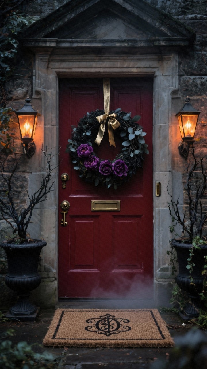 Photorealistic medium shot, straight-on view of a Gothic manor front door painted oxblood with aged brass knockers and a vintage keyhole plate; a lush wreath of black eucalyptus, deep plum peonies, and tarnished gold ribbon hangs centered; flanking lantern sconces with amber bulbs cast a gaslight glow on textured stone; two tall urn planters hold blackened branches with trailing ivy; at the threshold, a woven jute doormat stenciled with an ornate monogram; subtle misty night ambiance, rich shadows, and hints of Victorian detailing on the trim; no people.