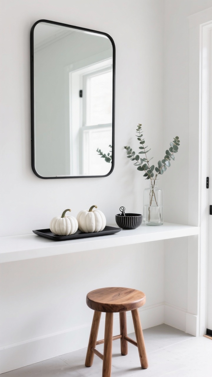 Photorealistic medium shot, straight-on view of a minimalist monochrome entry nook: a narrow matte-white console under a thin black metal-framed mirror, with a natural oak stool tucked beneath. On the console, a shallow black tray holds a trio of mini pumpkins painted solid white—one matte, one satin, one glossy—beside a ribbed ceramic catch-all, a slim black key bowl, and a clear glass vase with a few eucalyptus stems. Bright, crisp daylight; clutter-free, graphic composition. Palette: white, black, natural oak. Emphasize finish differences on the pumpkins.