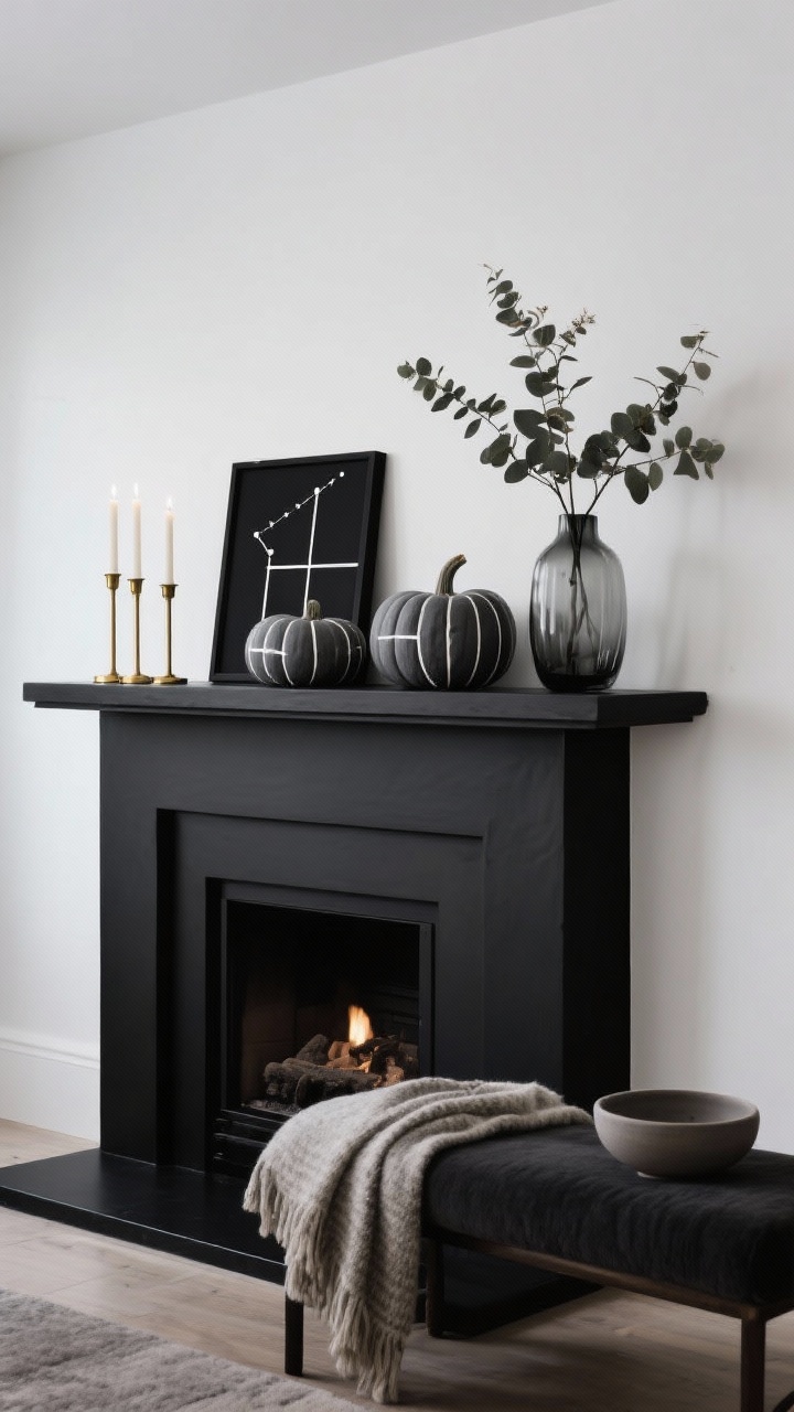 Photorealistic medium shot, straight-on view of a sleek black fireplace mantel against a crisp white wall, styled with matte black and charcoal-gray painted pumpkins in varying sizes featuring thin white linework (Mondrian-inspired grids, tiny constellations, simple stripes). Include two or three brass candlesticks, a low wide smoked glass vase with eucalyptus for height, black-framed art leaned casually on the mantel, a low-profile hearth bench, wool throw, smooth ceramic bowls. Color palette: black, charcoal, white, brass. Matte finishes emphasized, clean uncluttered composition, soft directional evening light to enhance silhouettes.