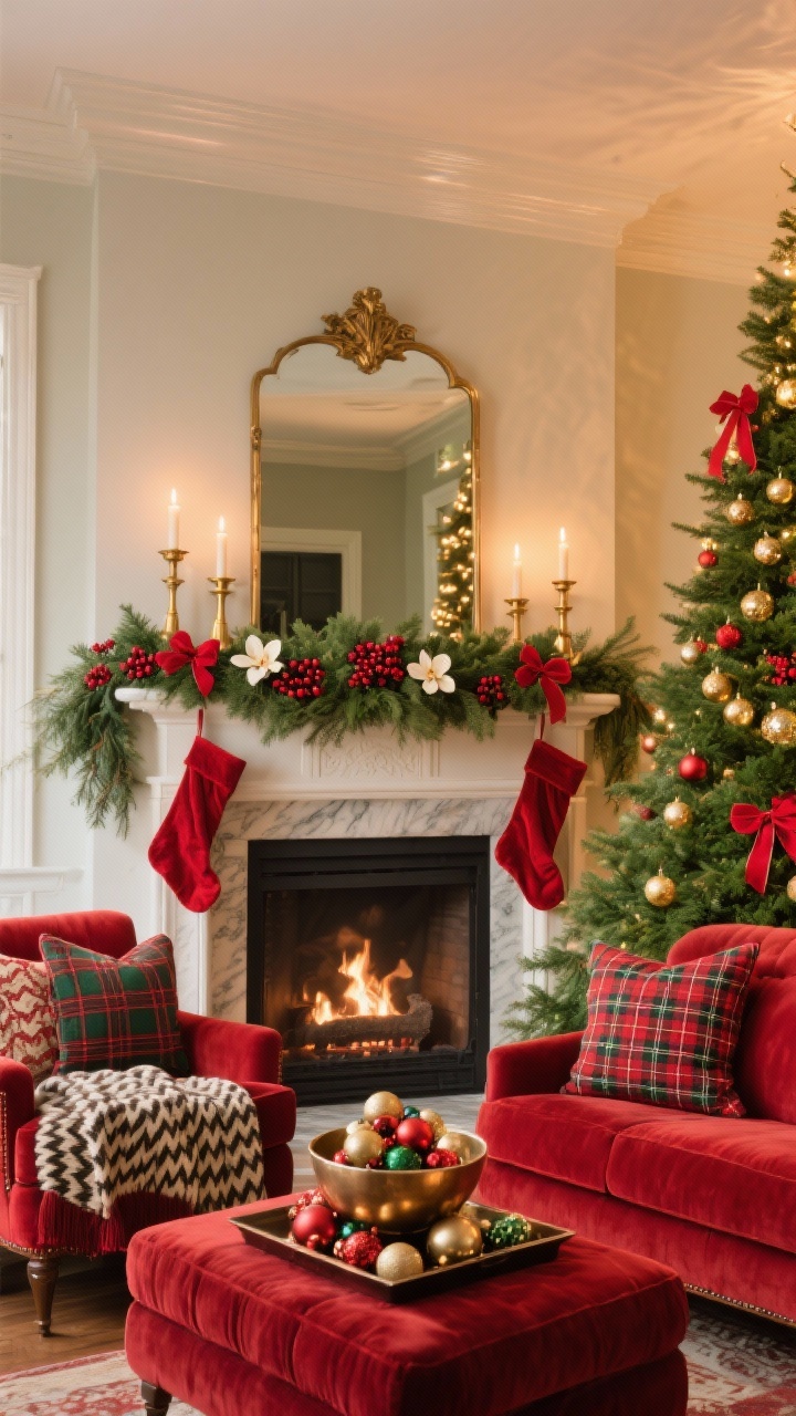 Photorealistic medium, straight-on view of a traditional mantel and seating area in deep reds, lush greens, and brass accents; full green tree partially visible with red velvet ribbon, gold glass ornaments, and small plaid bows; mantel dressed with a thick cedar and magnolia garland tucked with red berry clusters, flanked by brass candleholders; classic red stockings and a mirror over the mantel reflecting the warm glow; seating with tartan pillows, herringbone throws, and a velvet ottoman tray holding a metallic bowl of ornaments; warm, polished holiday lighting.