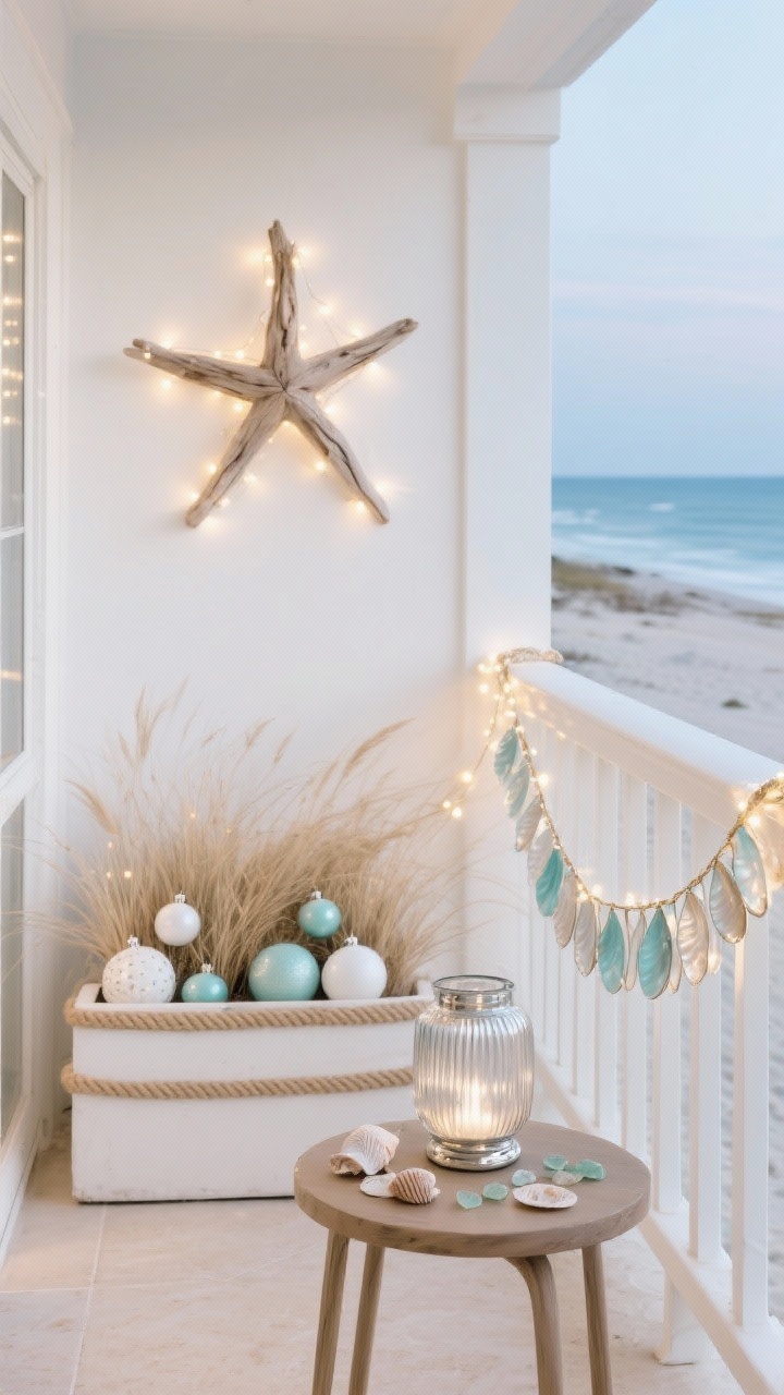 Photorealistic medium terrace scene with coastal twinkle: a driftwood star hung on the wall outlined with fairy lights; a low-profile rope-trimmed planter filled with dune grass, white ornaments, and pale aqua baubles; a thin capiz shell garland woven into a micro-LED strand along the railing; a tiny side table holding a mercury-glass hurricane, small shells, and a sprinkle of sea glass. Palette of whites, sandy neutrals, soft blues, champagne metallic accents; breezy, beachy, airy glow.