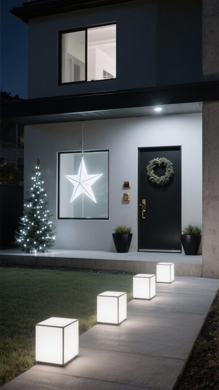 Photorealistic minimalist nighttime exterior, straight-on, Modern Minimalist Glow Grid: clean-lined walkway edged with low, cube-shaped light boxes emitting consistent 3000K–4000K cool-white tone, a single slim evergreen wrapped in cool-white micro LEDs for a sculptural look. Matte black planters, a simple brushed brass doorbell wreath, and an ultra-sleek LED star hanging in the window. Materials emphasized: concrete, black powder coat, frosted acrylic. One oversized geometric ornament on the porch as the lone dramatic accent.