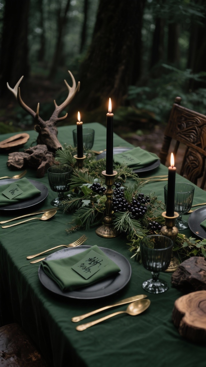 Photorealistic moody medium shot of a candlelit forest tablescape: deep moss-green tablecloth, charcoal plates, antique brass flatware, and smoke-tinted glassware; low wild centerpiece of foraged greens (cedar, ivy, pine) threaded with dark berries; black taper candles in vintage holders casting dramatic shadows; antler-style accents and carved wood pieces for texture; ink-dipped place cards and forest green linen napkins; palette moss, charcoal, black, antique brass; dim overheads with candles doing the heavy lifting; shot from a low corner angle for drama.