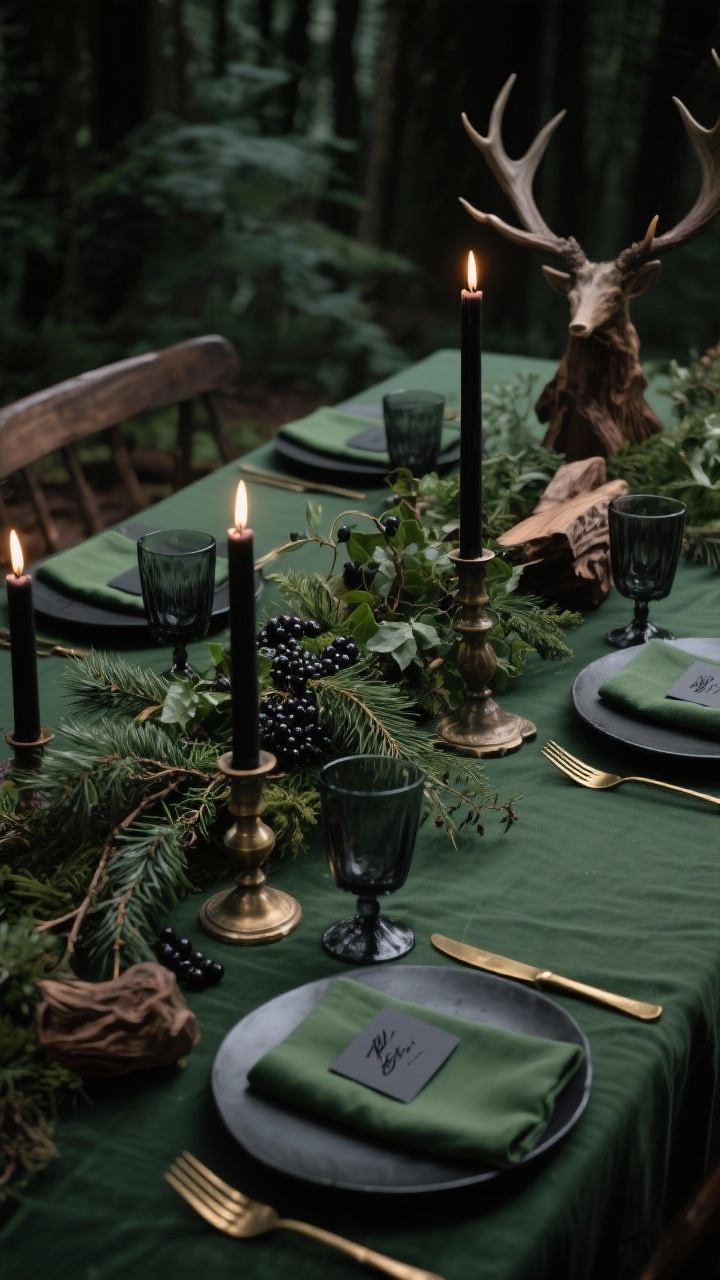 Photorealistic moody medium shot of a candlelit forest tablescape: deep moss-green tablecloth, charcoal plates, antique brass flatware, and smoke-tinted glassware; low wild centerpiece of foraged greens (cedar, ivy, pine) threaded with dark berries; black taper candles in vintage holders casting dramatic shadows; antler-style accents and carved wood pieces for texture; ink-dipped place cards and forest green linen napkins; palette moss, charcoal, black, antique brass; dim overheads with candles doing the heavy lifting; shot from a low corner angle for drama.