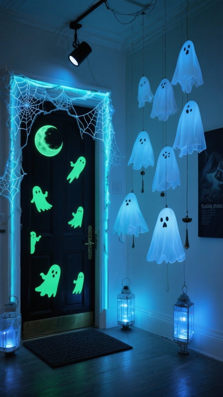 Photorealistic night-time medium shot of a Ghostly Glow-in-the-Dark Gallery, slight upward angle: door covered with glow-in-the-dark ghost decals drifting across the panels; entry framed by UV-reactive spiderweb garland; a discreet blacklight spotlight aimed at the trim creating an ethereal ultraviolet glow; a cluster of sheer fabric “floating ghosts” suspended on invisible filament at staggered heights; a moon-phase doormat at the threshold; translucent lanterns with cool blue LEDs producing a misty feel; color palette icy white, glow green, inky black, moonlit blue; emphasize UV effects, phosphorescent decals, fishing line invisibility; subtle wind chime implied; no people.