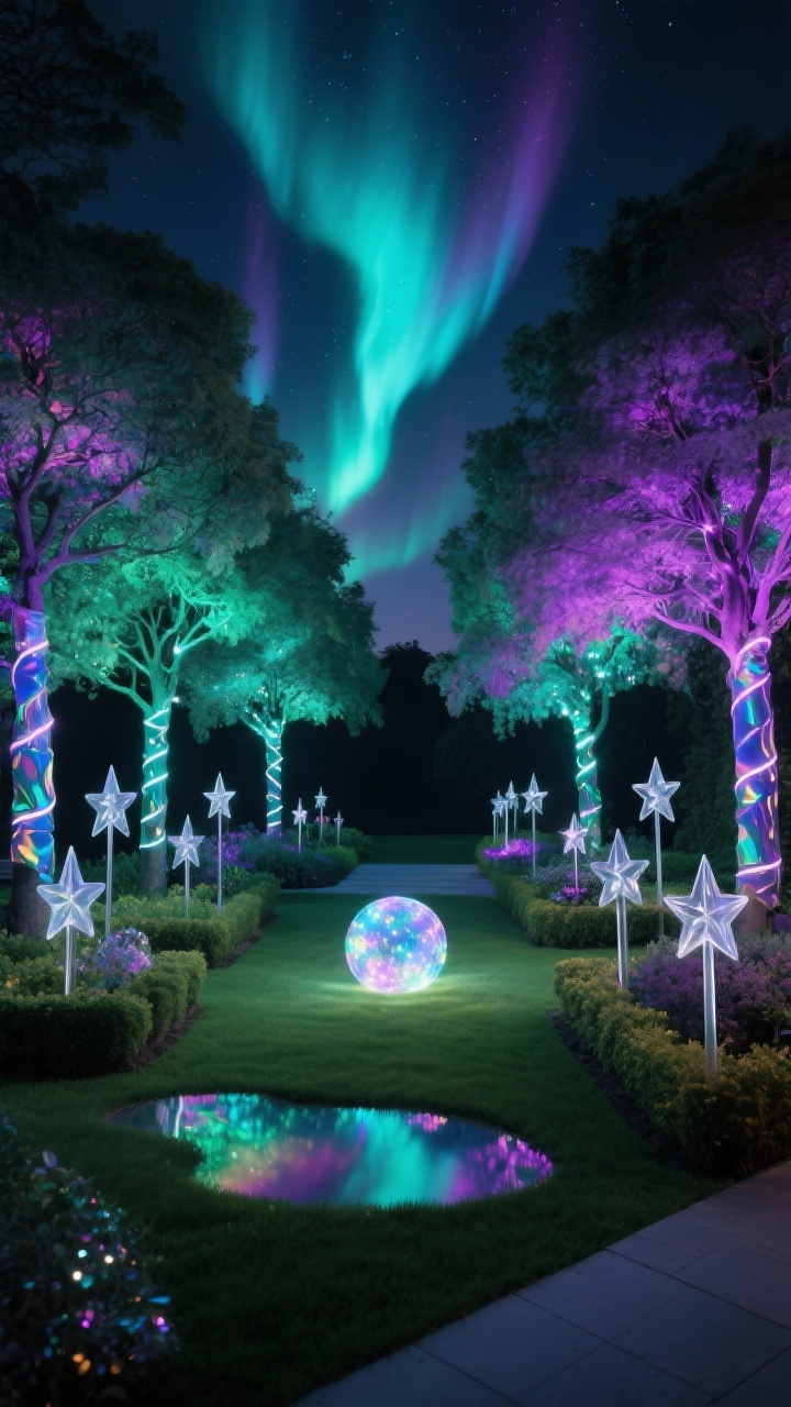 Photorealistic nighttime garden wide shot, straight-on, Aurora Borealis Glow Garden: trees wrapped in gradient RGB lights softly shifting from teal to violet to emerald, creating a northern-lights effect. Frosted clear acrylic star stakes punctuate the beds; iridescent ornaments shimmer in shrubs. Clean, simple hardscape to keep focus on the light show. Materials: holographic film accents, clear acrylic, brushed stainless. One luminous orb cluster on the lawn forming a glowing puddle of color with slow fade modes only.