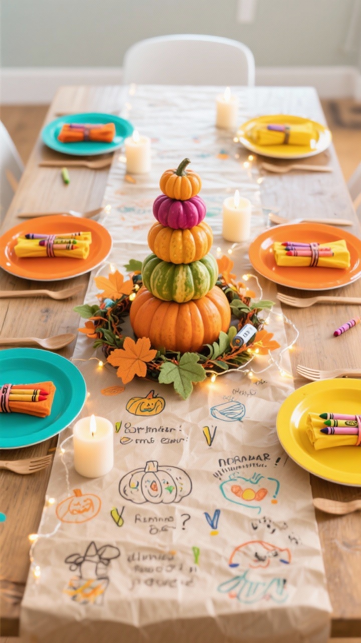 Photorealistic overhead closeup of a kid-friendly color-pop runner scene: butcher paper runner down the middle with doodles and gratitude prompts, crayon packs tucked into napkin bundles; bright melamine plates in pumpkin orange, teal, and mustard with sturdy wooden flatware; centerpiece of stacked colorful pumpkins, felt leaf garlands, and battery-operated fairy lights; flameless candles for safe lighting; playful, cheerful vibe under bright, even lighting.