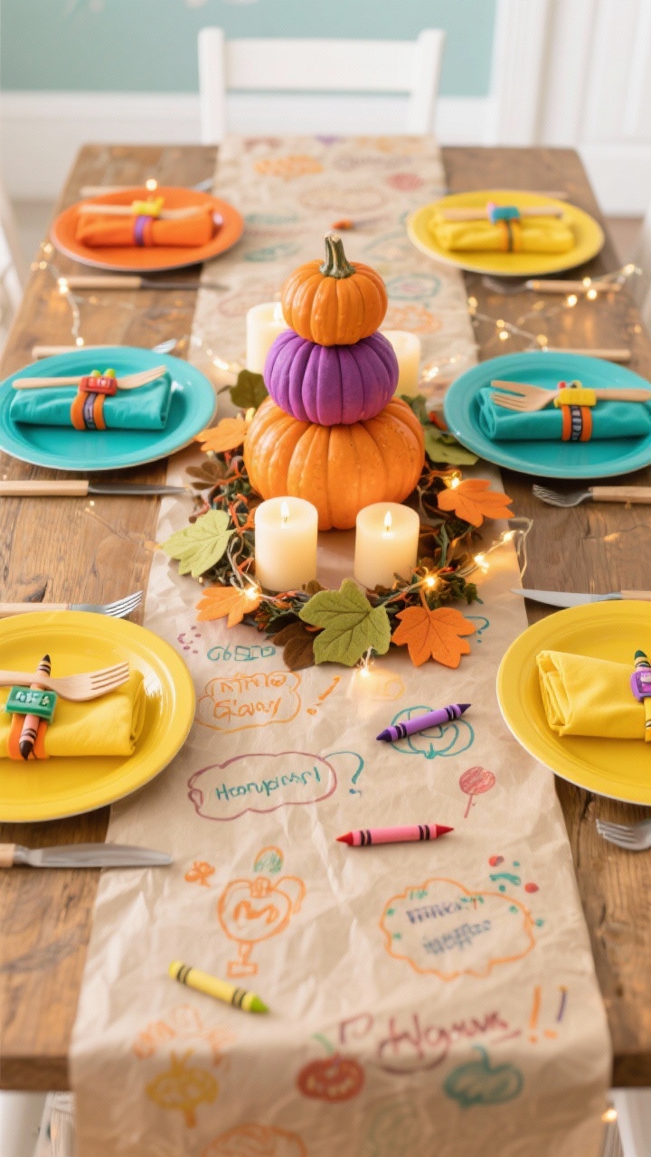 Photorealistic overhead closeup of a kid-friendly color-pop runner scene: butcher paper runner down the middle with doodles and gratitude prompts, crayon packs tucked into napkin bundles; bright melamine plates in pumpkin orange, teal, and mustard with sturdy wooden flatware; centerpiece of stacked colorful pumpkins, felt leaf garlands, and battery-operated fairy lights; flameless candles for safe lighting; playful, cheerful vibe under bright, even lighting.