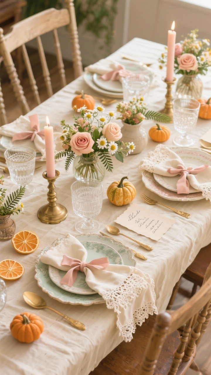 Photorealistic overhead detail shot of a cottagecore Thanksgiving tablescape: warm cream frilled cotton tablecloth, floral dinnerware, mixed vintage glasses, and lace-trimmed napkins; small bud vases with garden roses, chamomile, and fern fronds scattered among mini pumpkins; brass candlesticks with pale blush tapers glowing softly; handwritten place cards on dried orange slices; sage, blush, cream, and soft gold palette; ribbons tied in bows on chair spindles visible at frame edge; airy daytime light.