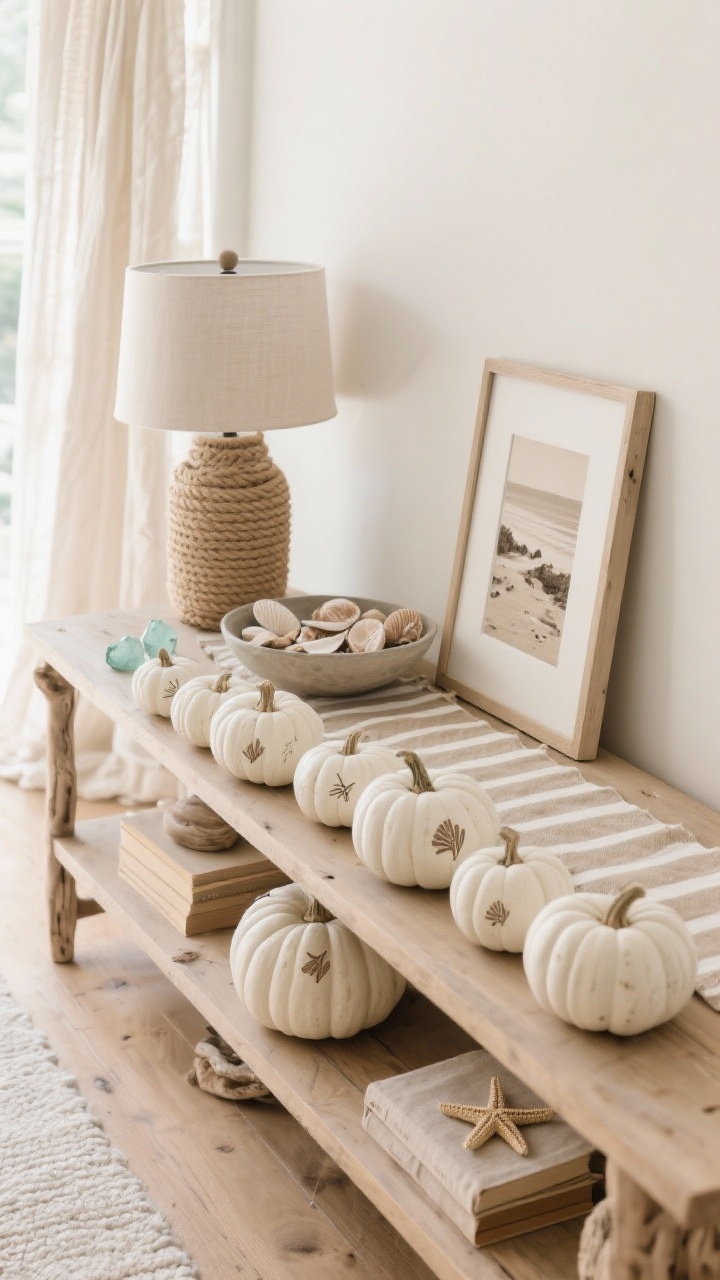 Photorealistic overhead detail shot of a light oak console styled in coastal calm. A row of whitewashed pumpkins showing natural ridges, decorated with soft sand-colored stripes and tiny taupe shell and starfish sketches. Include a rope-wrapped lamp, a shallow bowl of collected shells, framed sepia beach photos, a striped runner, and hints of sea glass and linen-bound books. Breezy, matte textures and driftwood tones; soft natural daylight filtered through gauzy curtains for an airy, serene mood.