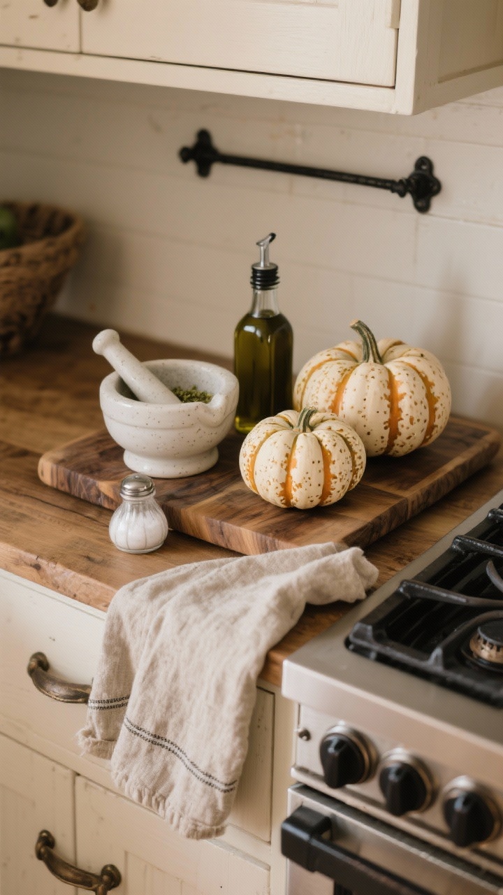 Photorealistic overhead detail shot of a rustic kitchen counter vignette: butcher-block board, a white mortar and pestle, olive oil bottle, and salt cellar. Three mini pumpkins with a stoneware look—creamy off-white base with tiny brown and gray speckles applied by flicking a stiff brush—finished with a matte sealer for a ceramic vibe. Include a rough linen towel draped over a stove handle edge in frame; iron black hardware nearby. Warm, homey lighting; farmhouse-meets-artisan mood.