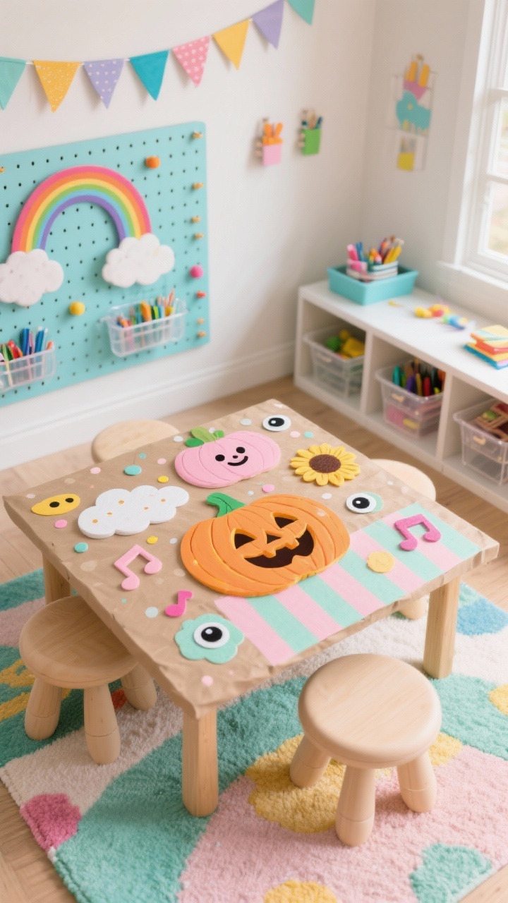 Photorealistic overhead detail shot of a Whimsical Kids’ Craft Playroom table: kid-height table covered in kraft paper with pastel-painted carved pumpkins showing cartoon faces, clouds, and musical notes, plus stripes and polka dots. Googly eyes and foam stickers add personality. Surround with rainbow pegboard glimpsed at edge, low cubbies of supplies, acrylic wall bins, stackable stools, bunting banner overhead, washable rug below. Bright, happy colors—pastel pink, mint, sunflower, sky blue—with soft diffused daylight.