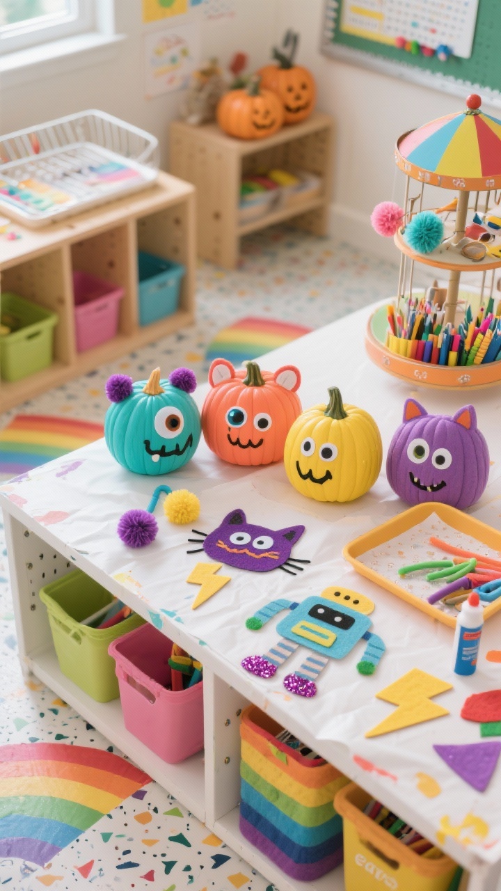 Photorealistic overhead detail shot, Playful Kids’ Craft Corner: white craft table protected with painter’s paper, patterned vinyl floor visible at edges, rainbow storage bins and pegboard tools in soft blur. Mini pumpkins painted bright candy colors—turquoise, coral, lemon, lilac—decorated with googly eyes, foam stickers, pipe cleaners, and felt shapes to form goofy monsters, cats, and friendly robots. Glitter glue lightning bolts sparkle; pom-pom “ears” attached. A carousel caddy of supplies and a drying rack tray lined with wax paper sit nearby. Vivid, cheerful lighting, classroom-art energy; no people.