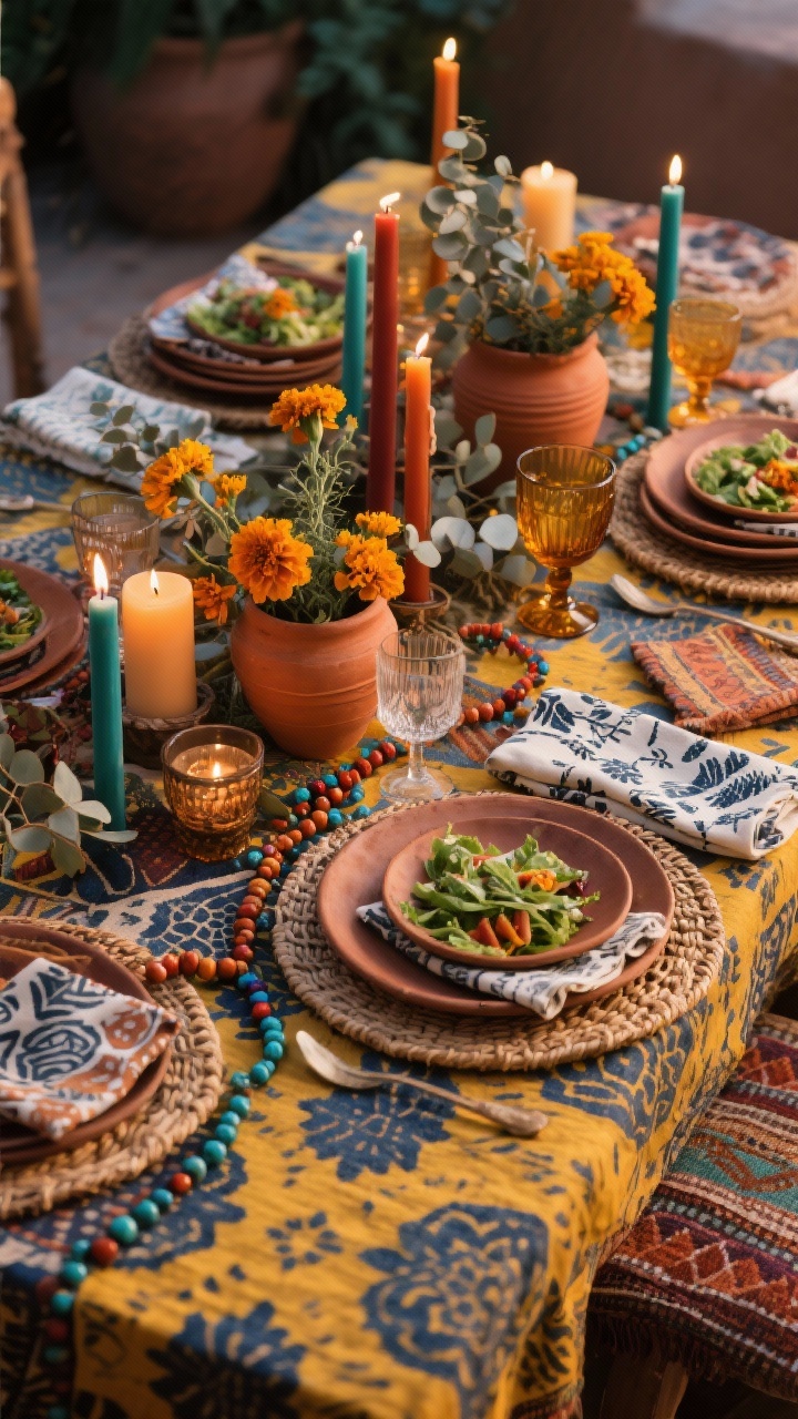 Photorealistic overhead vignette of an artful bohemian table: saffron and indigo block-printed tablecloth, patterned salad plates stacked over solid earthy chargers, mixed vintage glassware; terracotta pots with marigolds and eucalyptus clustered amid colored taper candles in amber, rust, and teal; beaded garlands weaving through woven placemats; mismatched printed napkins; textures terracotta, rattan, cotton block print; palette saffron, indigo, rust, teal; varied candle heights for effortless artful feel; warm ambient evening light.