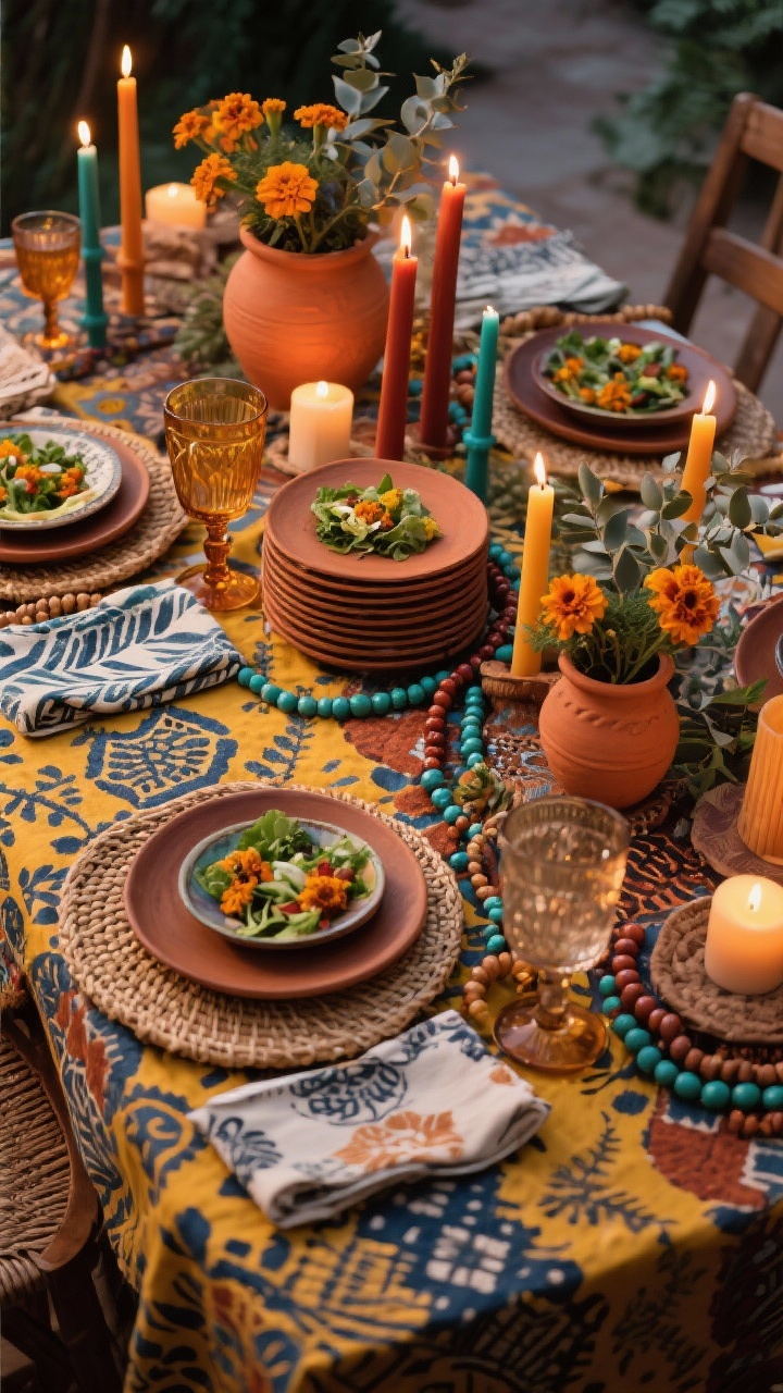 Photorealistic overhead vignette of an artful bohemian table: saffron and indigo block-printed tablecloth, patterned salad plates stacked over solid earthy chargers, mixed vintage glassware; terracotta pots with marigolds and eucalyptus clustered amid colored taper candles in amber, rust, and teal; beaded garlands weaving through woven placemats; mismatched printed napkins; textures terracotta, rattan, cotton block print; palette saffron, indigo, rust, teal; varied candle heights for effortless artful feel; warm ambient evening light.