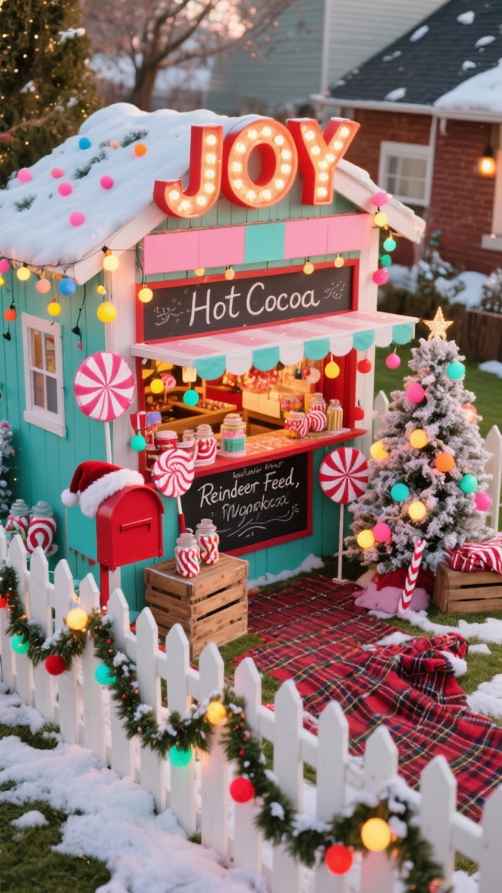 Photorealistic playful yard scene, medium-wide, slight overhead angle, Whimsical North Pole Market: a mini market stall facade with chalkboard signage reading “Hot Cocoa” and “Reindeer Feed,” marquee lights spelling JOY above. Scatter peppermint spinners, a Santa mailbox, and a felted garland draped along a fence. A small flocked tree decorated with colorful oversized bulbs. Lighting mixes retro marquee glow with multicolor mini lights. Props include faux candy jars, wooden crates, and plaid blankets. Color palette: cherry red, icy teal, bubblegum pink, snow white.