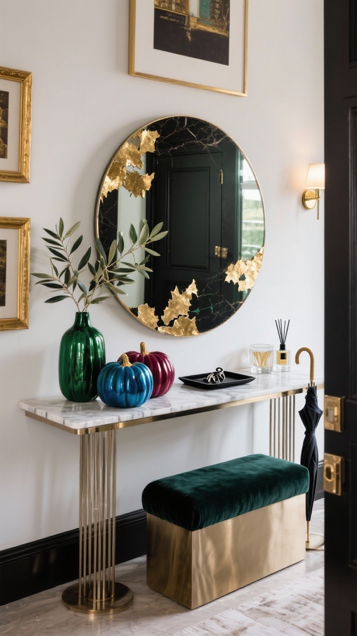 Photorealistic straight-on entryway wide shot. A slim marble-topped console with a metal base beneath an oversized round mirror, styled with deep jewel-toned pumpkins (emerald, sapphire, burgundy) embellished with torn organic patches of gold leaf and sealed to a high gloss. Include a sleek black tray for keys, a tall vase of olive branches, gold-framed art, a glass catchall, and a perfumed diffuser; a velvet bench and umbrella stand nearby, optional petite picture lights above artwork. Contrasting tones of emerald, burgundy, sapphire, gold, black; reflective highlights to echo mirror shine; refined, glamorous mood with balanced ambient and accent lighting.