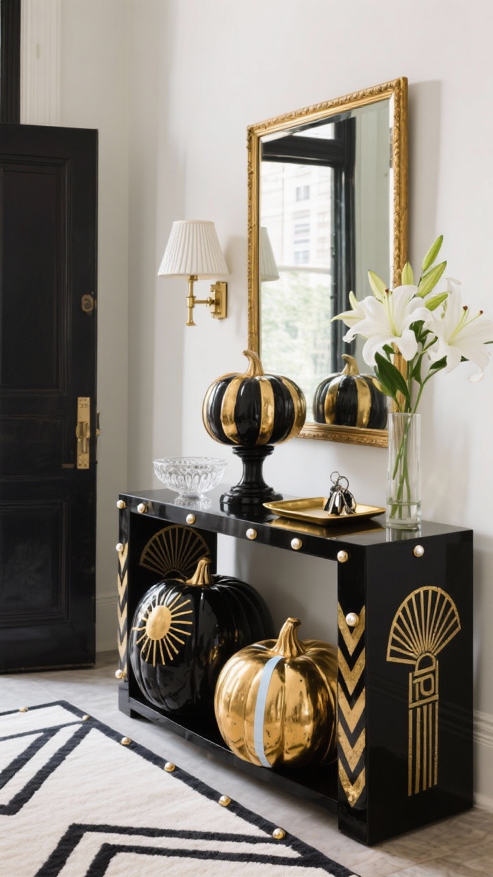 Photorealistic straight-on medium shot, Glam Deco Entryway Moment: a narrow black console table beneath a brass-framed mirror, sleek runner rug with geometric lines on the floor. On the console, glossy white, jet black, and metallic gold spray-painted pumpkins feature painter’s-tape Art Deco motifs—fan patterns, sunbursts, and sharp chevrons—in alternating tones. Adhesive gold half-pearls dot the designs like chic studs. Accessories: a crystal dish for keys, a slim brass tray, and a vase of white lilies. Lighting from a fluted glass sconce or a mini lamp with a pleated shade adds vintage glamour. One mini pumpkin elevated on a black lacquer pedestal for drama. Sophisticated, Fifth Avenue mood; no people.