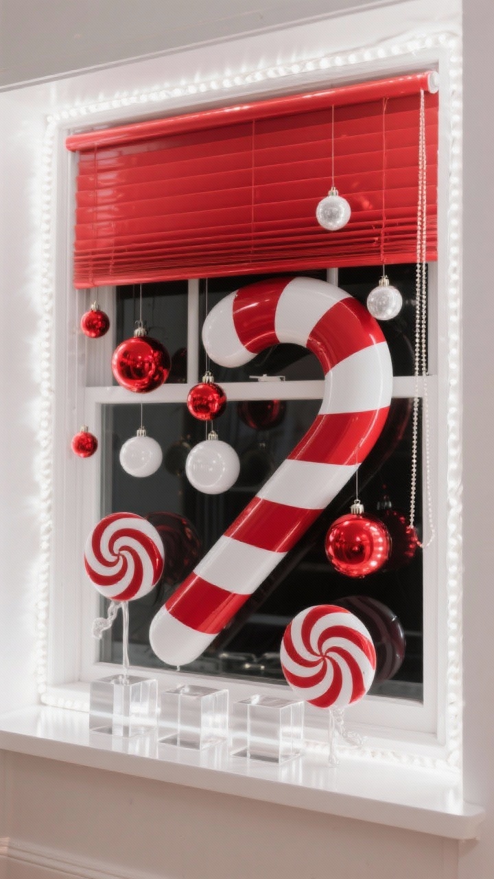Photorealistic straight-on medium shot of a “Candy Cane Pop Art Window”: glossy red roller shade, white lacquered sill. Oversized striped candy cane cutouts mixed with shiny red-and-white ball ornaments suspended at bold, graphic heights. Neon-style warm white LED rope edging the frame for a gallery feel. On the sill, clear acrylic blocks aligned with minimal peppermint sculptures. Ultra crisp palette: red, white, chrome; high-contrast, modern sheen.